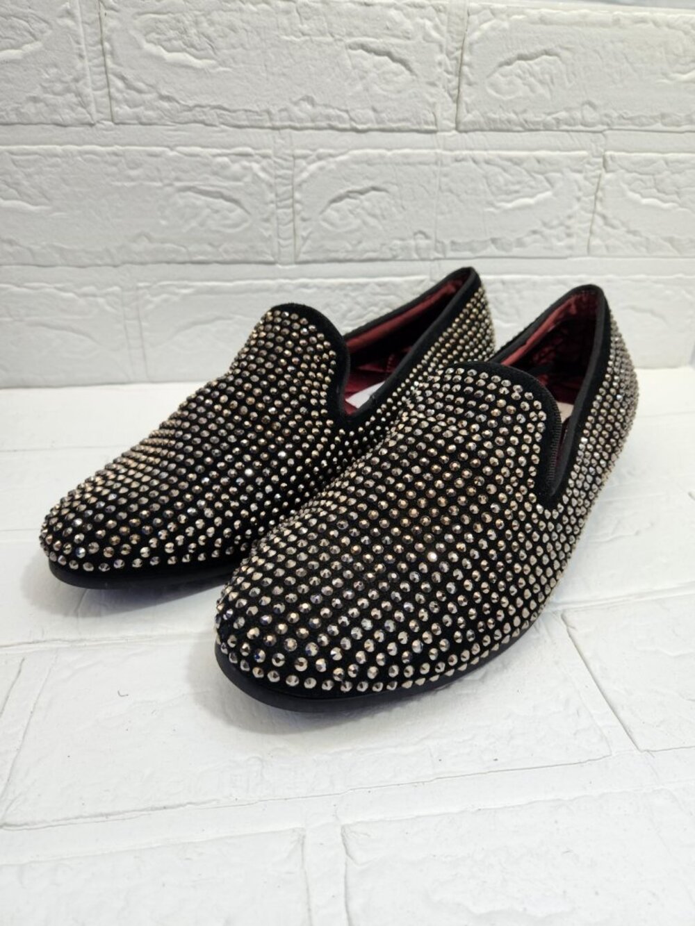 Steve Madden Caviar Loafer Shoes Men Size 8.5 Black Rhinestone Slip On Leather